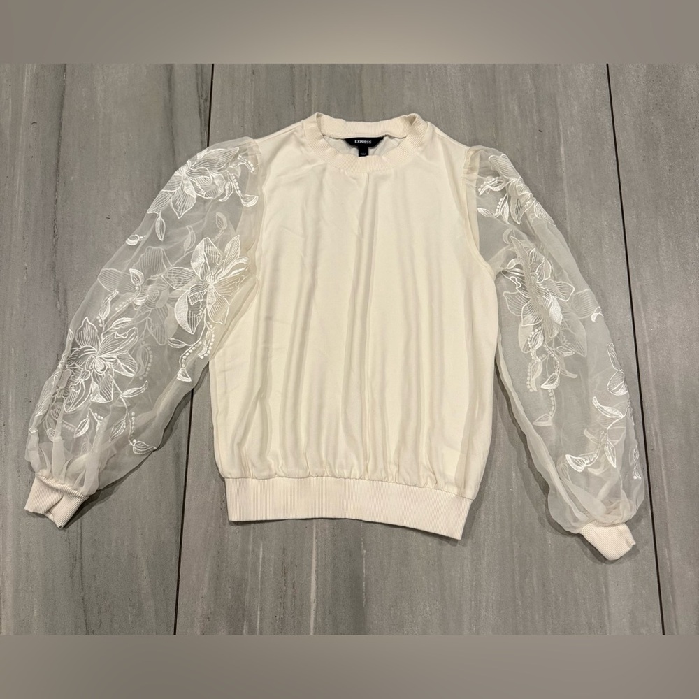 Express Elegant Cream Shirt with Sheer Flower Sleeves